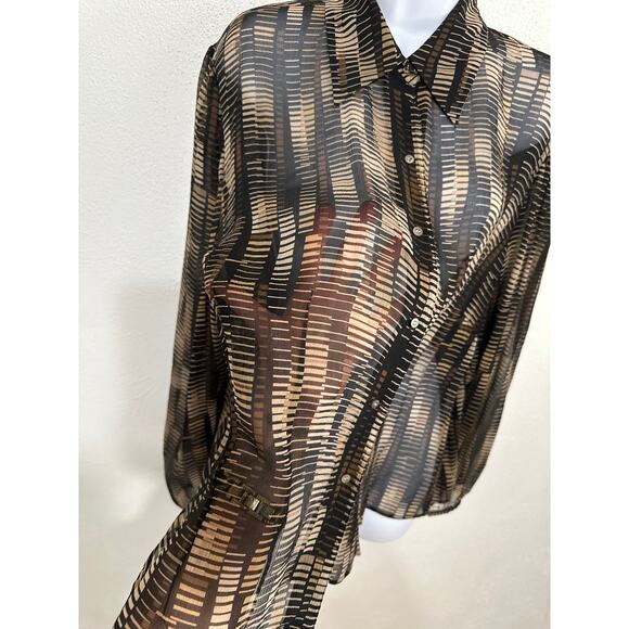 VTG Valerie Stevens Sheer Silk Geo Print Blouse XL Brown Black Fall Trend City - Picture 4 of 16